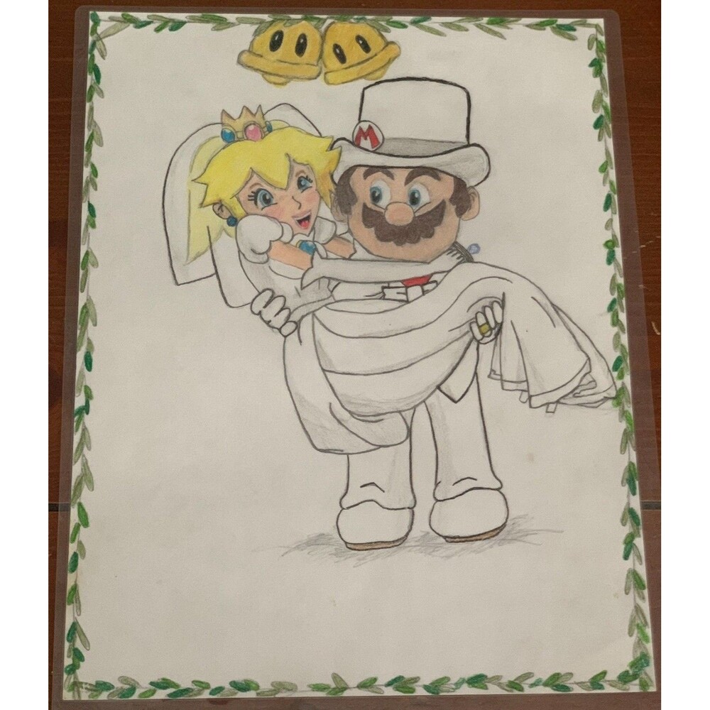 Handmade Super Mario Wedding Art Print - Mario & Princess Peach Hand-Drawn